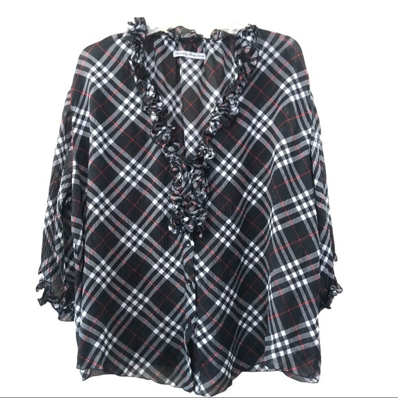 Signature by Larry Levine Black, Red & White Plaid - Ruffles at neckline Size L - Picture 1 of 10